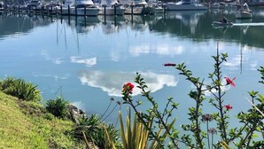 A marina with boats docked, calm water, and greenery in the foreground.