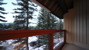 A balcony with a view of snow-covered trees and a parked car. - Villas Snowberry by Whistler Retreats (Whistler)