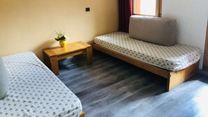 Ein kleiner, gemütlicher Raum mit einem Bett, einem Schlafsofa, einem Tisch mit Pflanze und einer Wandleuchte.