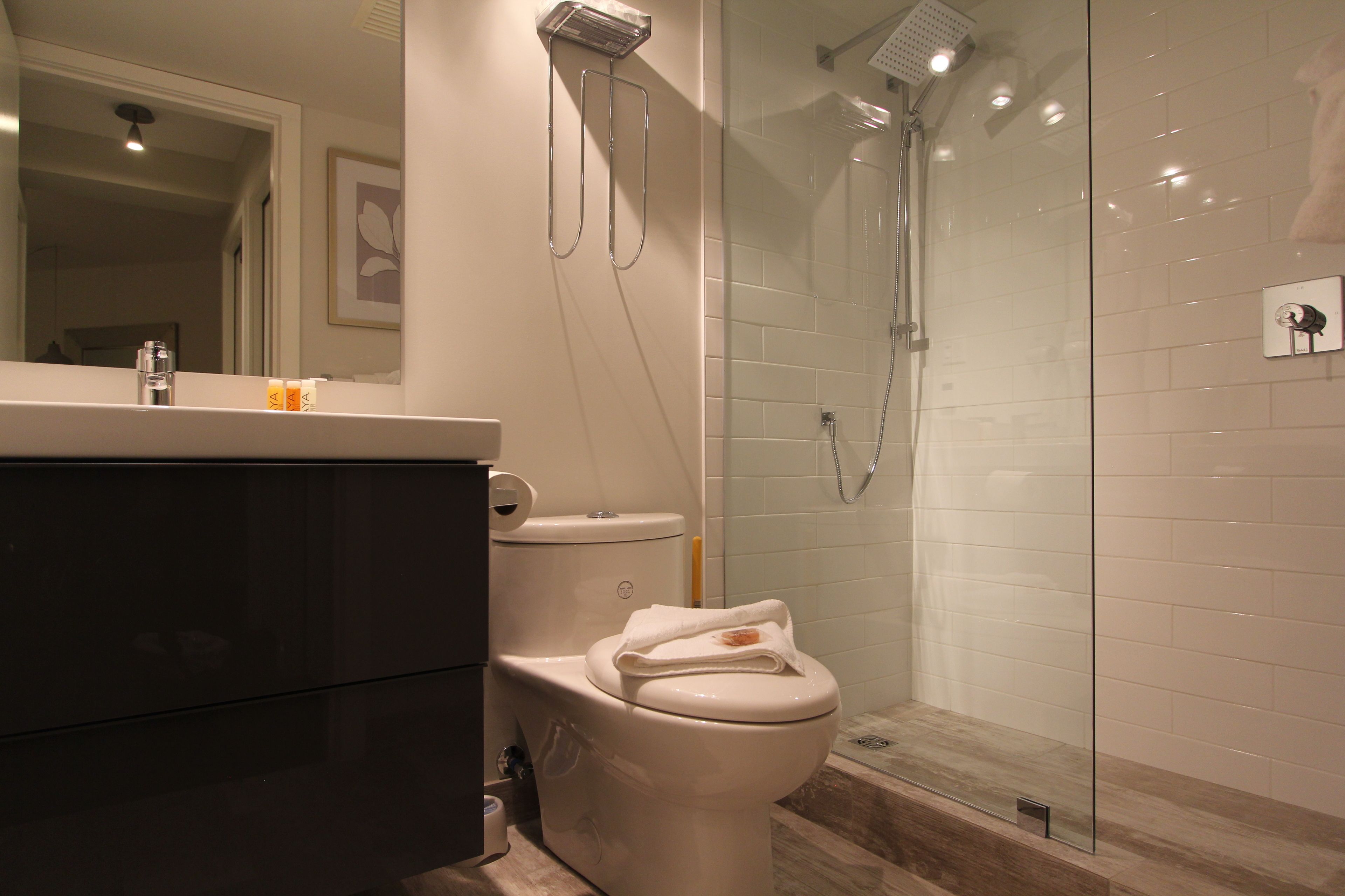 Een moderne badkamer met toilet, douche en wastafel.