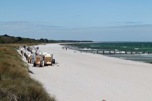 A beach with a row of beach huts along the shore, a pier extending into the water, and a clear sky.