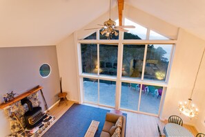 Smart TV, chimenea, reproductor de DVD y libros 