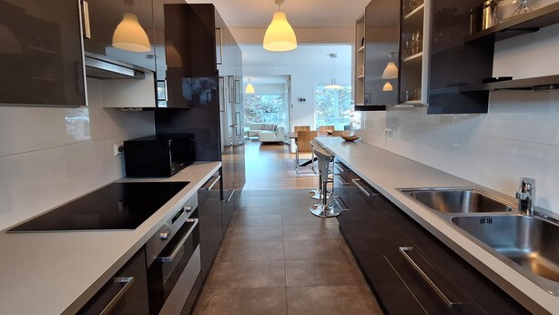 Une cuisine moderne avec des meubles de couleur sombre, des appareils électroménagers en acier inoxydable et des luminaires suspendus.