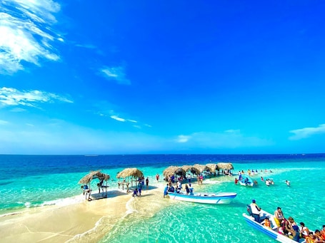 En la playa, arena blanca, 2 bares en la playa