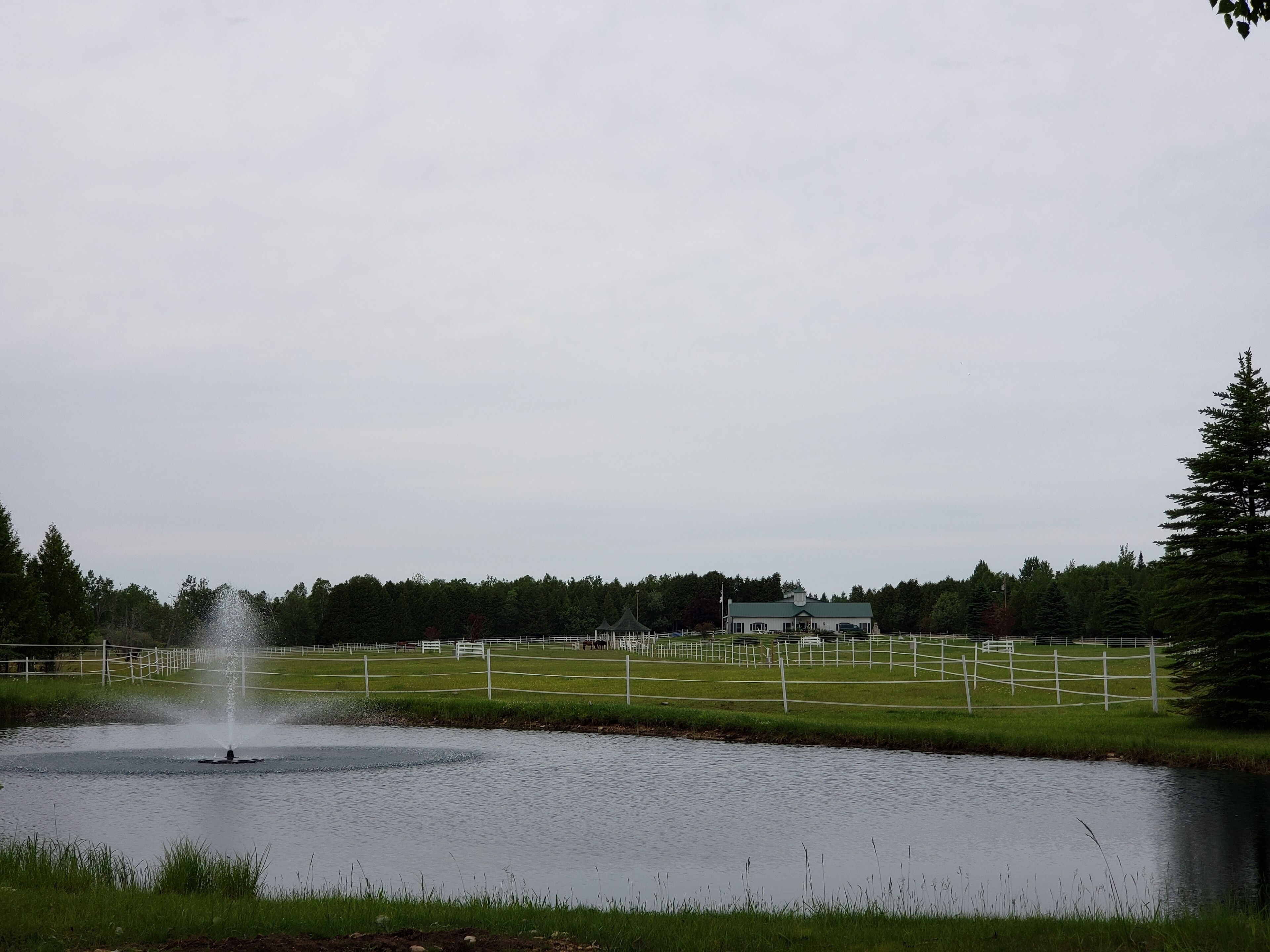 A pond with a fountain, surrounded by a fenced area and a building in the background.