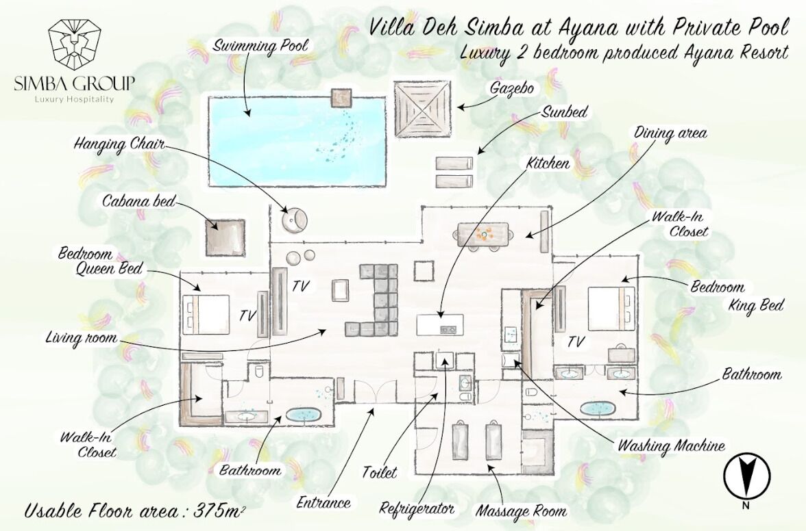 A floor plan of Villa Deh Simba at Ayana with a private pool, including a living room, bedrooms, kitchen, and bathroom.