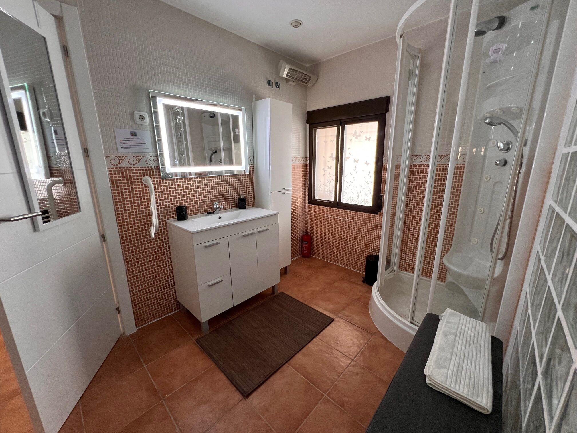 Shower, hair dryer, bidet, towels