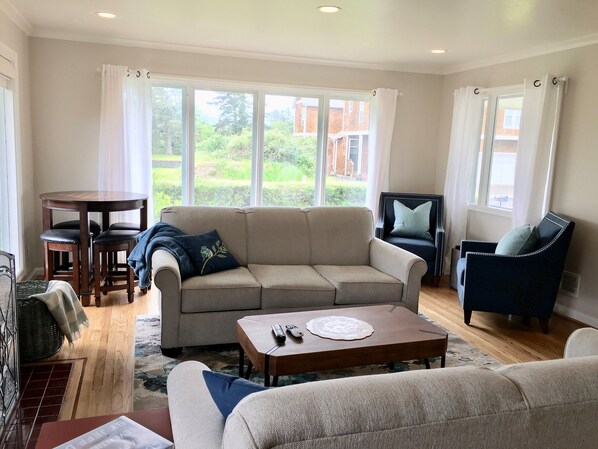 Älytelevisio, takka, DVD-soitin, kirjoja