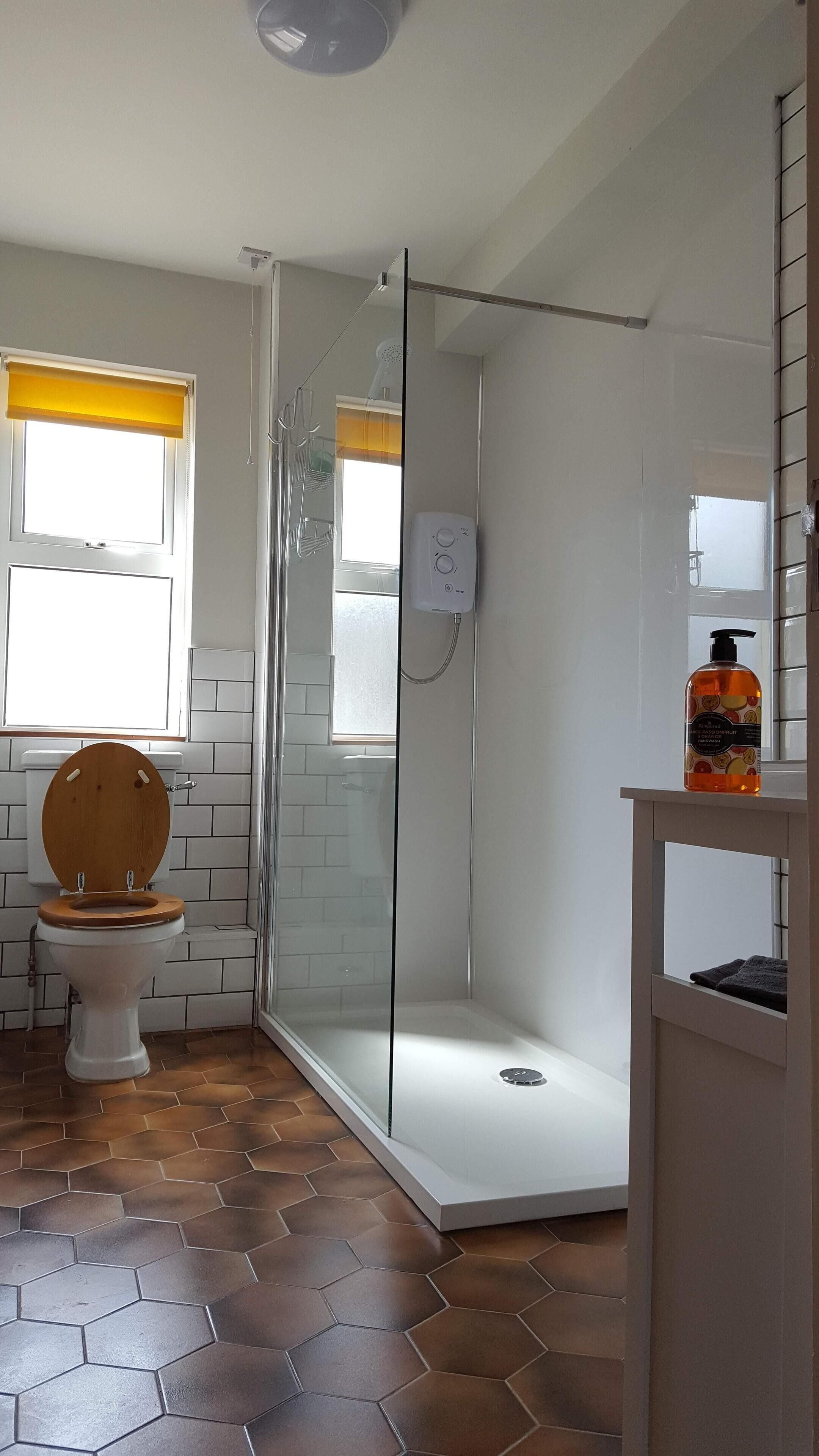 Hair dryer, towels, soap, shampoo