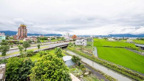 A view of a cityscape with a river, green fields, and a bridge. - Traditional Arts Country Inn (Wujie)