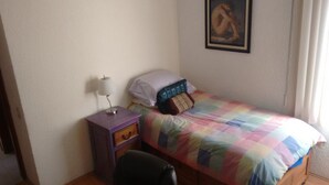 Habitación individual básica | Tabla de planchar con plancha y ropa de cama 