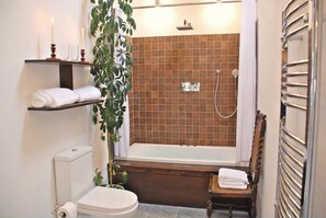 Shower, jetted bath, hair dryer, towels