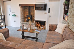 Smart-TV, Kamin, DVD-Player, Bücher