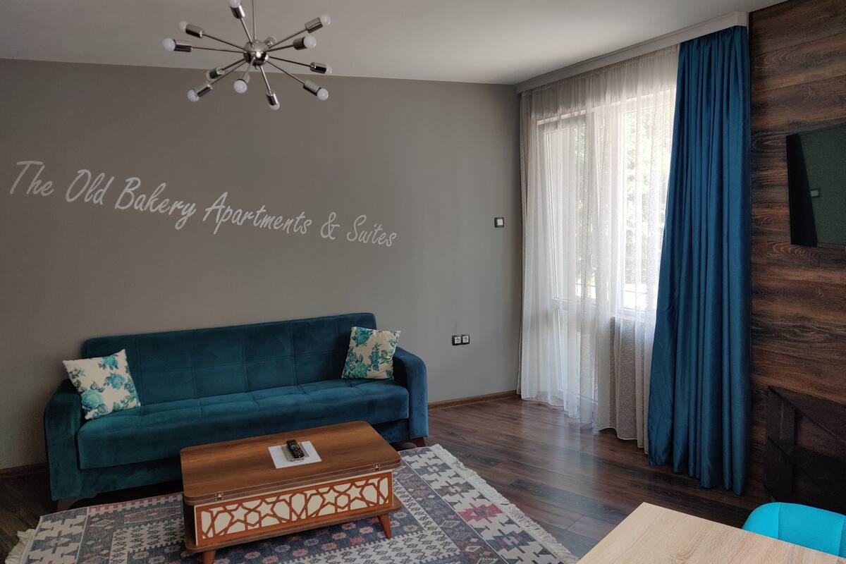 A modern living room with a teal sofa, a wooden coffee table, and a patterned rug. A ceiling light fixture is visible, and the wall has a sign reading "The Old Bakery Apartments & Suites".