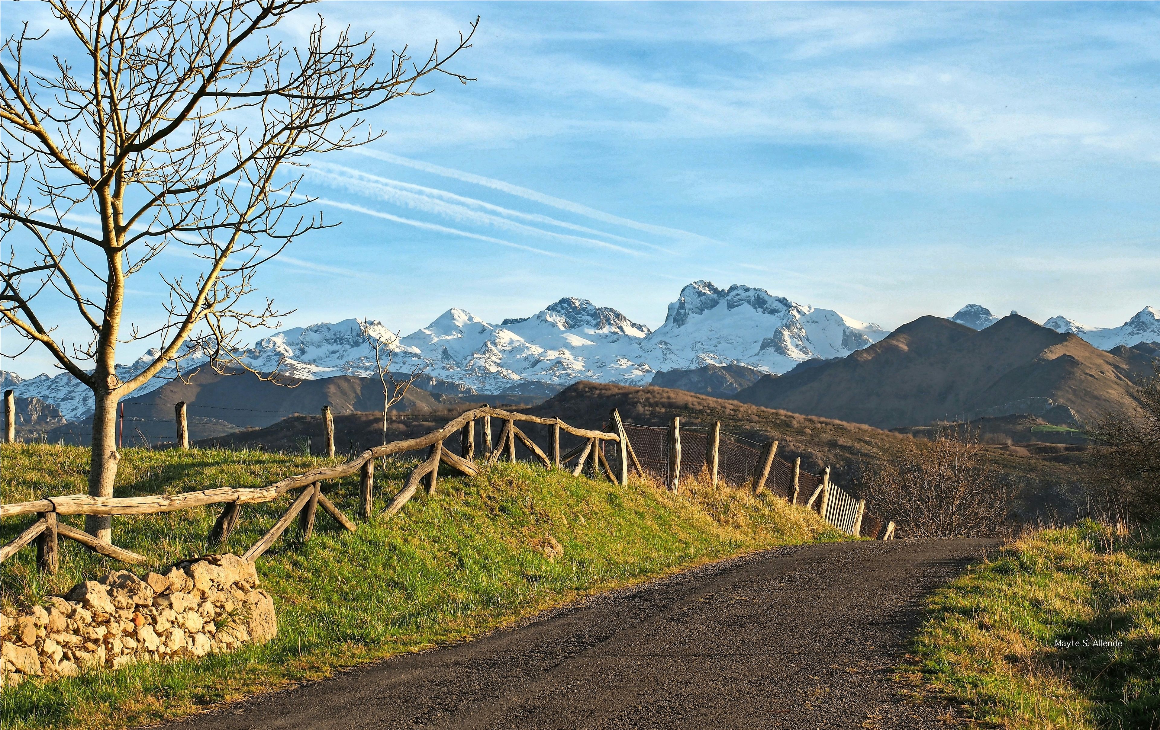 Un camino rural que lleva a una zona montañosa, con una valla de madera y un muro de piedra.