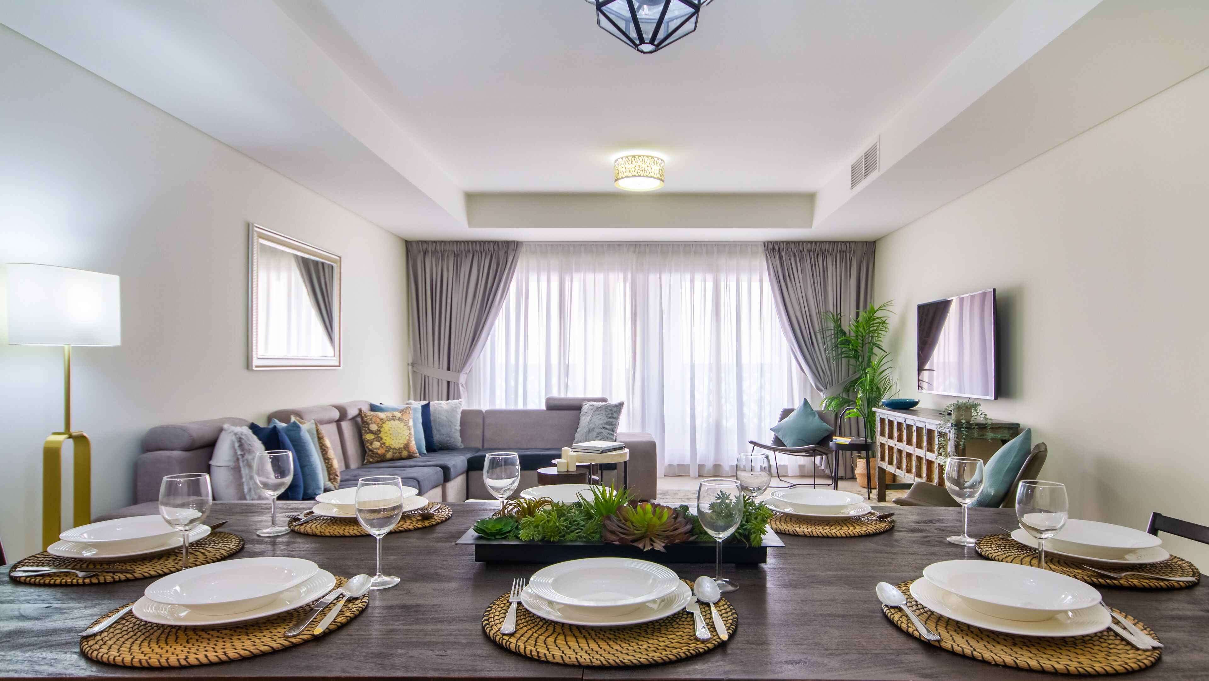 Luxury Apartment, 2 Bedrooms, Sea View (Palm View) | Living area | 55-inch Smart TV with cable channels