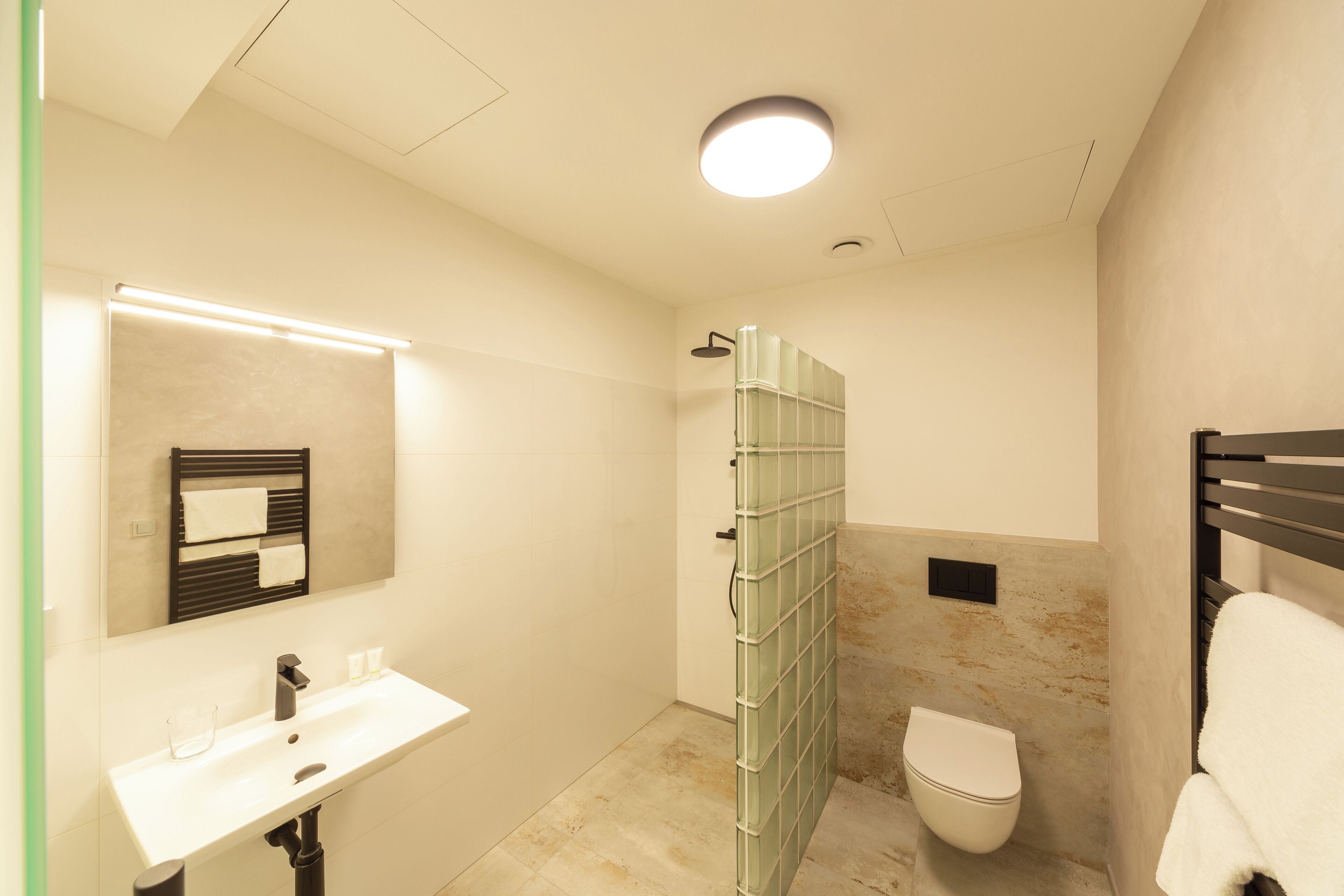 A modern bathroom with a white sink, a glass shower enclosure, and a toilet.