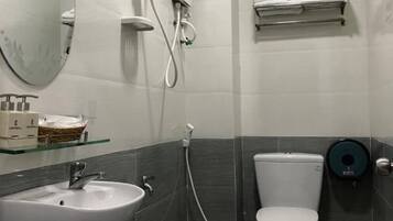 Shower, hydromassage showerhead, designer toiletries, hair dryer