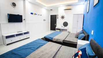 Minibar, desk, laptop workspace, iron/ironing board