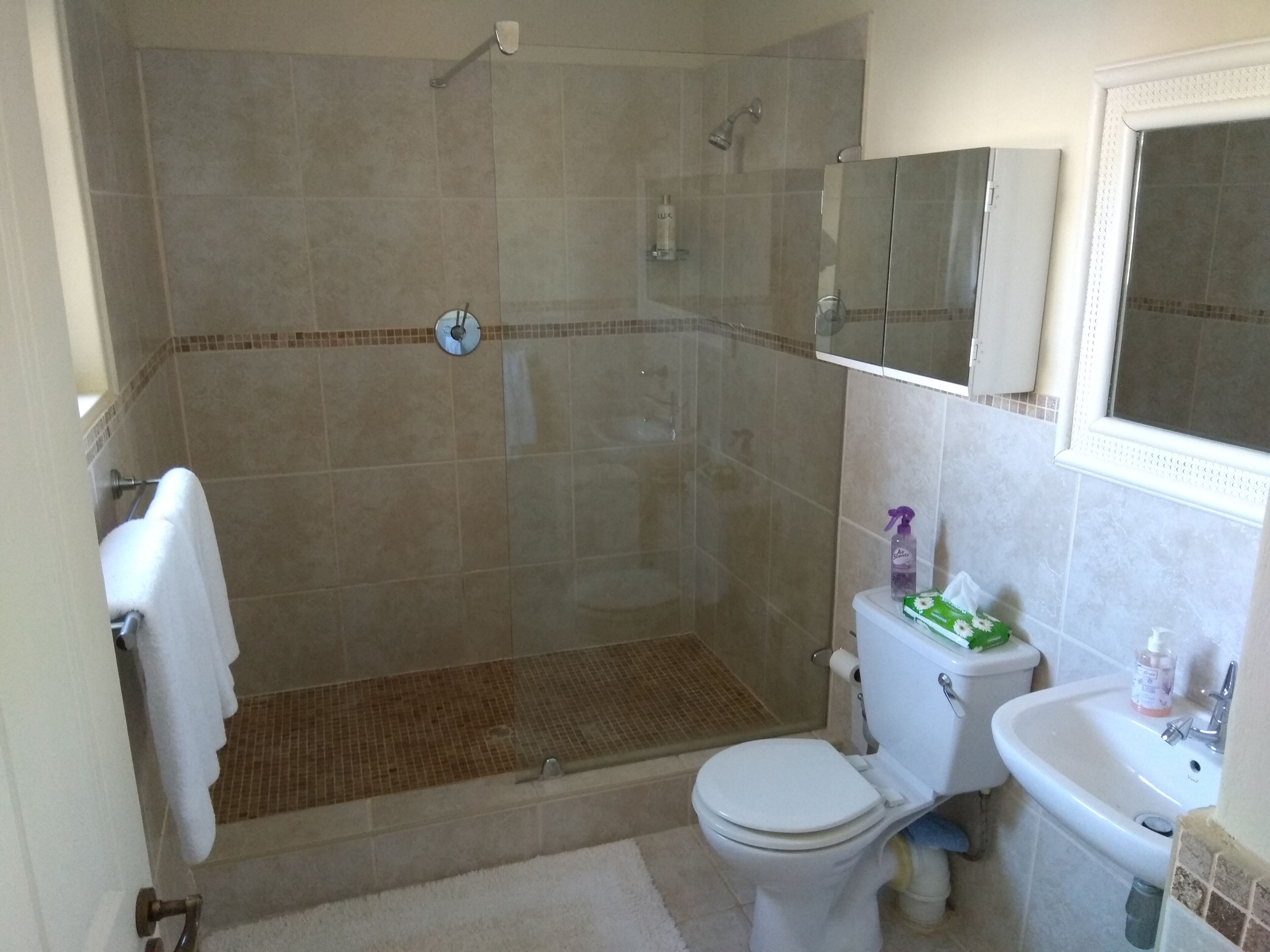 A bathroom with a shower, toilet, sink, and a mirror.