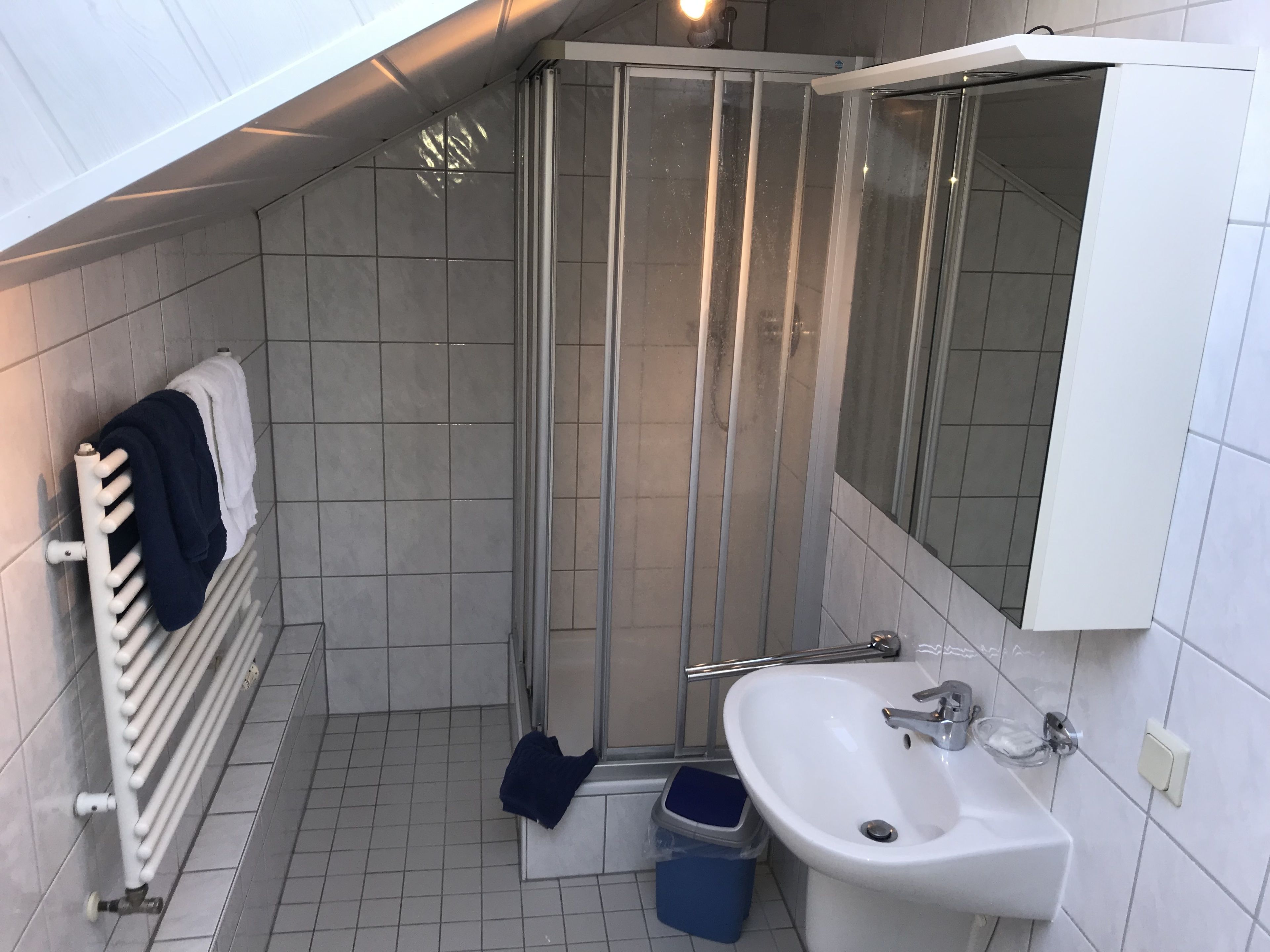 A bathroom with a shower, a sink, a towel rack, and a trash bin.