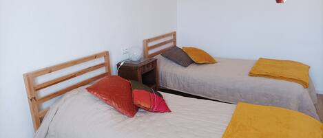Two single beds with wooden headboards, a bedside table with a lamp, and a wall-mounted light fixture.