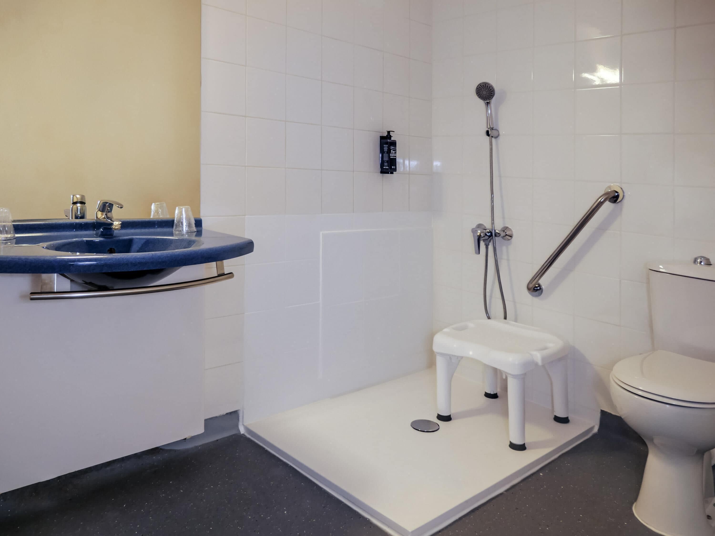A bathroom with a white toilet, a blue sink with a chrome faucet, a shower with a handheld showerhead, and a white step stool.