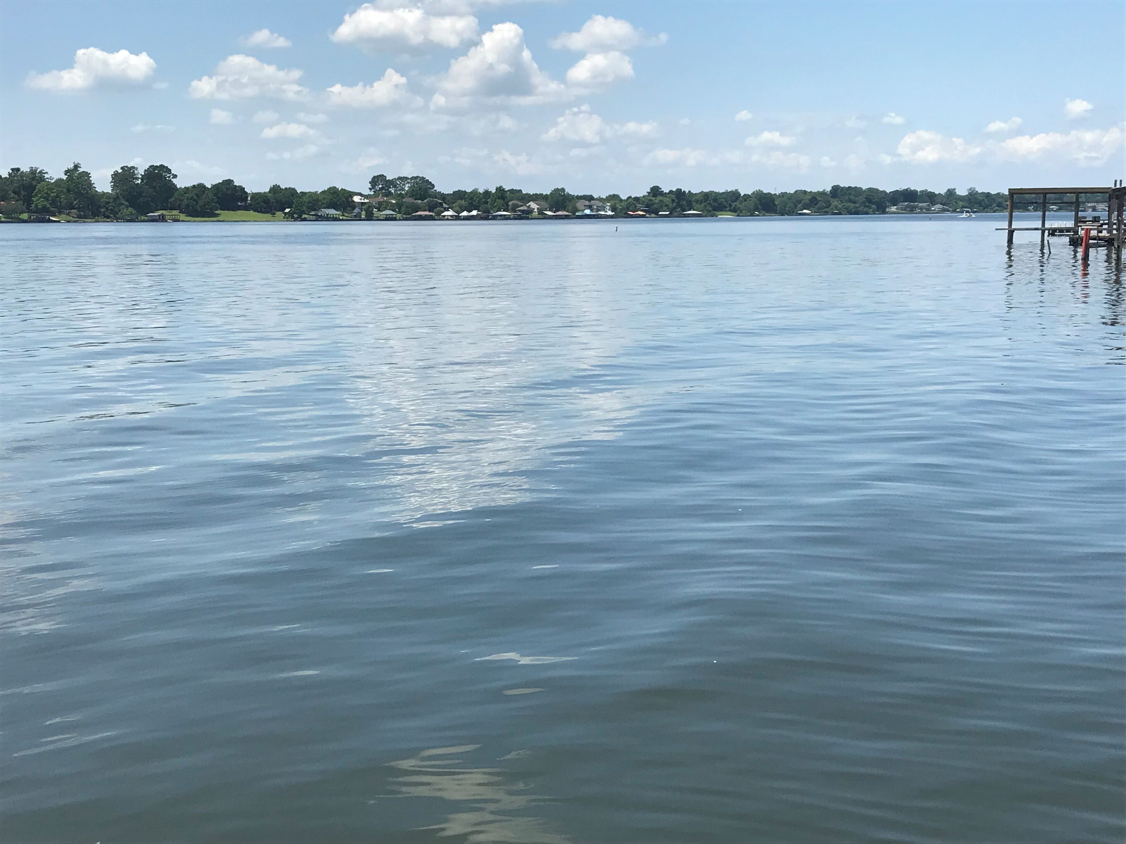 Un lago tranquilo con un muelle que se adentra en el agua.