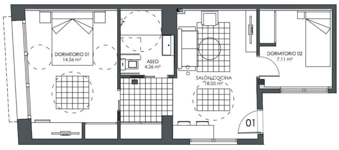 A floor plan with two bedrooms, a bathroom, a kitchenette, and a living area.