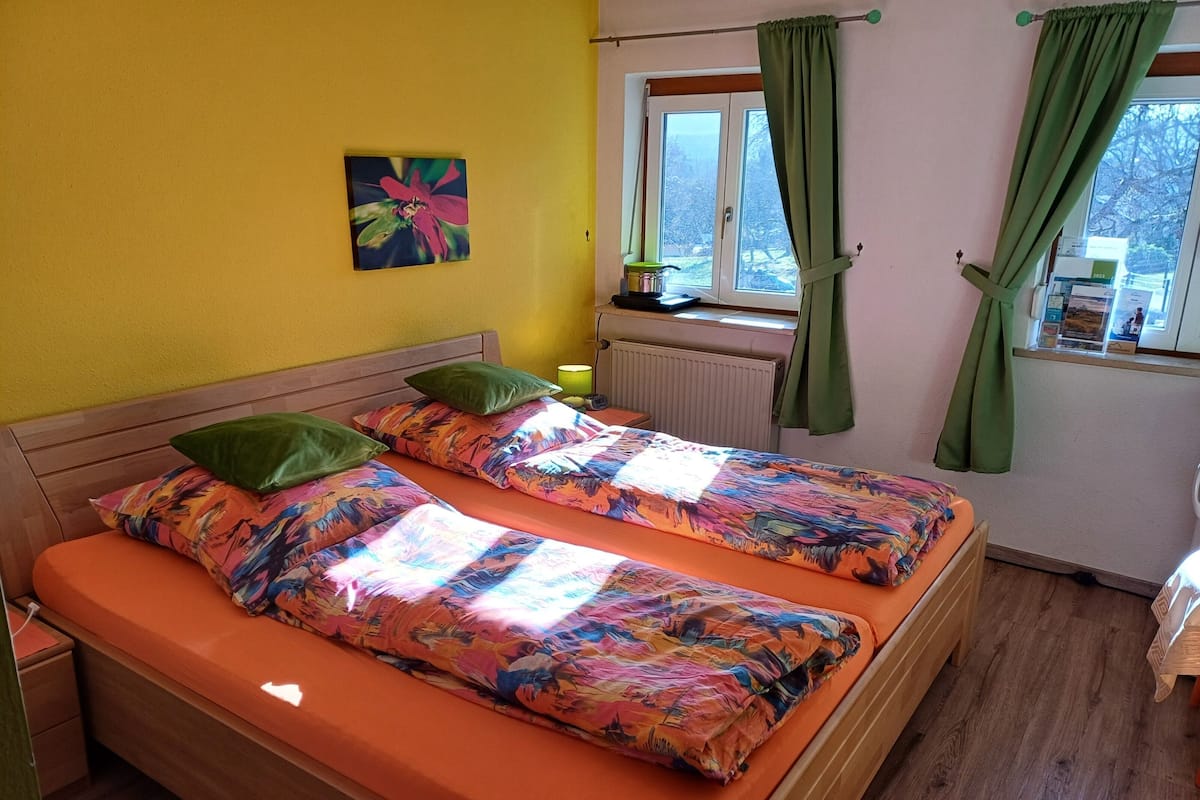 A room with two beds, a radiator, a window with curtains, and a painting on the wall.