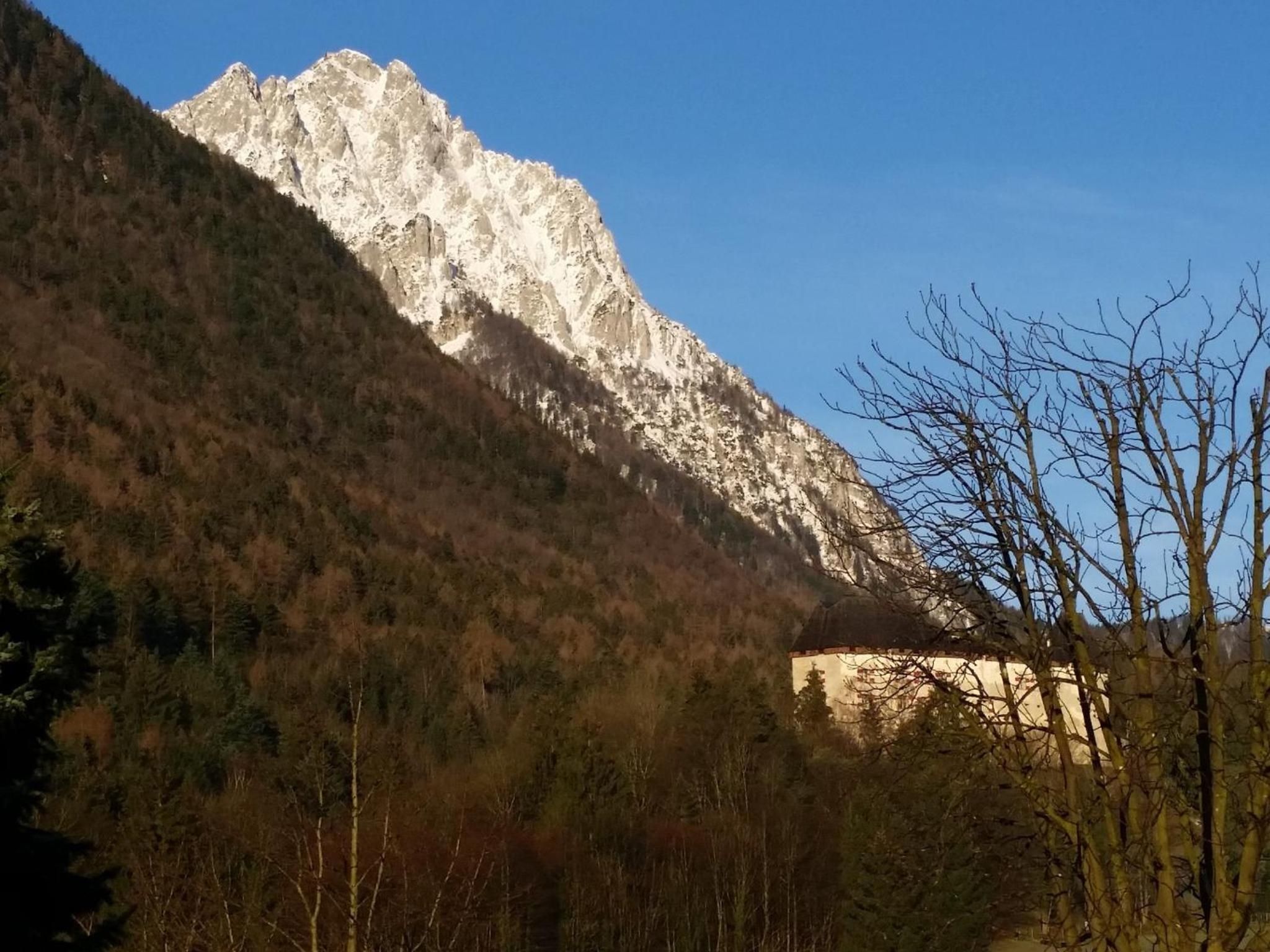 Paisatge montanyós amb un pic rocoso destacat i una zona boscosa al primer pla.