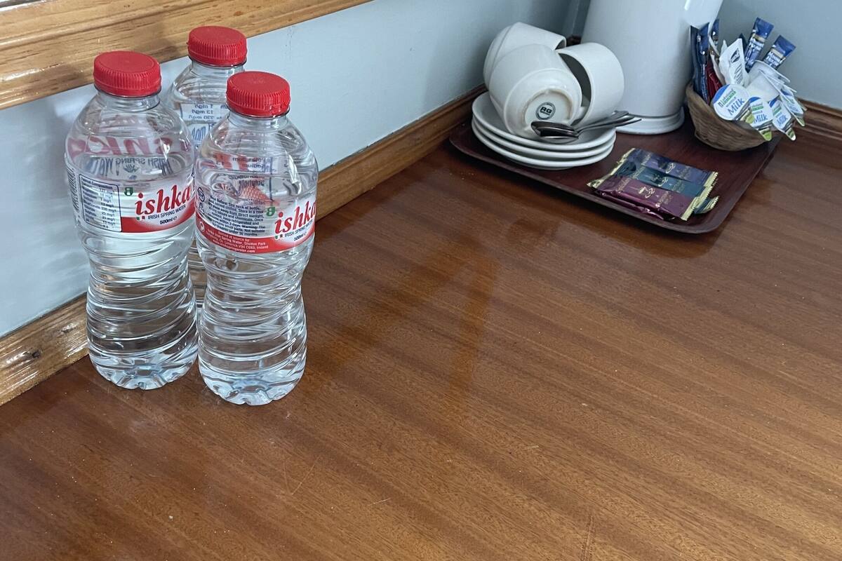 Une table en bois sur laquelle se trouvent trois bouteilles d’eau de la marque Ishka, une pile d’assiettes blanches, une machine à café blanche et un panier de petits emballages de lait.