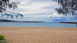 A sandy beach with calm water, a rocky breakwater, and overhanging trees. - Seascape - 154 Camden Head Rd Dunbogan (Dunbogan)