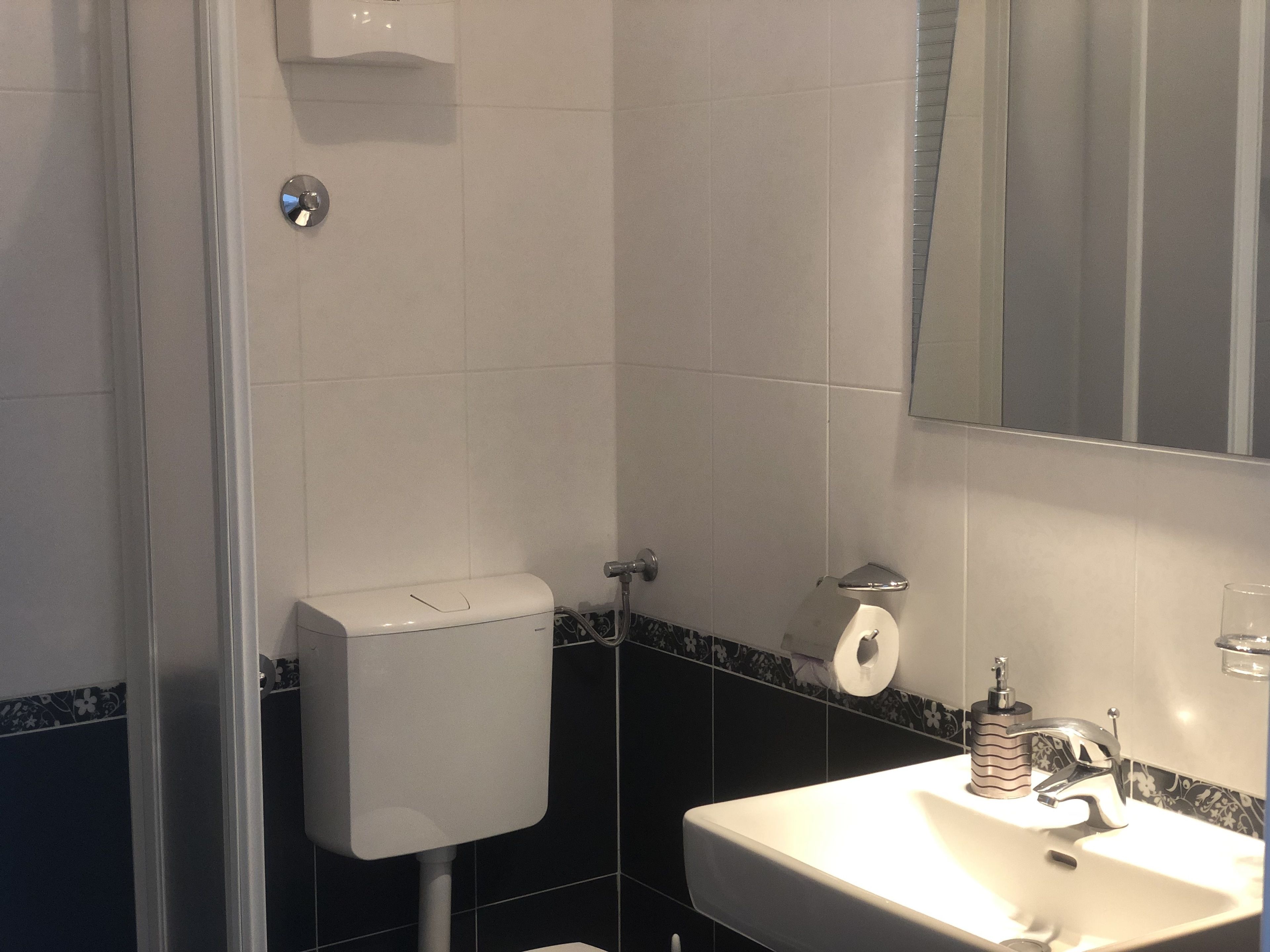 Un baño con inodoro, lavabo y espejo.