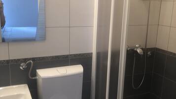 Un baño con inodoro, lavamanos y ducha.