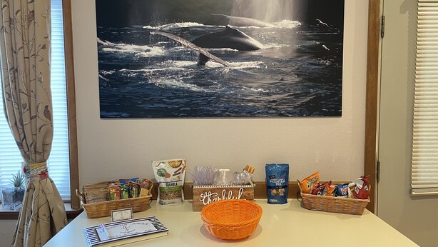 A kitchen counter with a large painting of a whale, a notebook, and various food items. - Furnished studio apartment (Unalaska)
