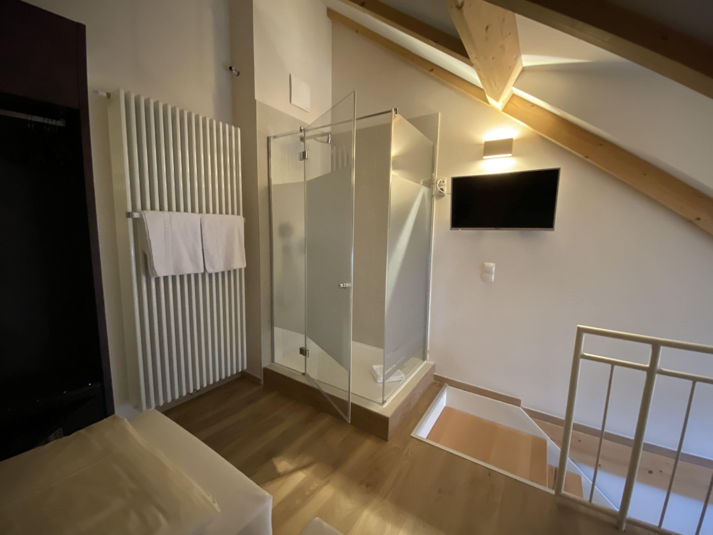 Ein modernes Badezimmer mit Duschkabine aus Glas, einem weißen Heizkörper und einem an der Wand montierten Fernseher.