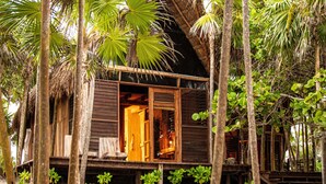A wooden house with an open door, surrounded by palm trees and vegetation. - Rancho Sarah Tulum in Sian Ka’an  (Tulum)