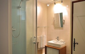 A modern bathroom with a glass-enclosed shower, a white sink, and a mirror above it.