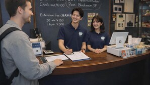 Un comptoir d’accueil avec un tableau noir indiquant les heures de départ et les frais de prolongation.