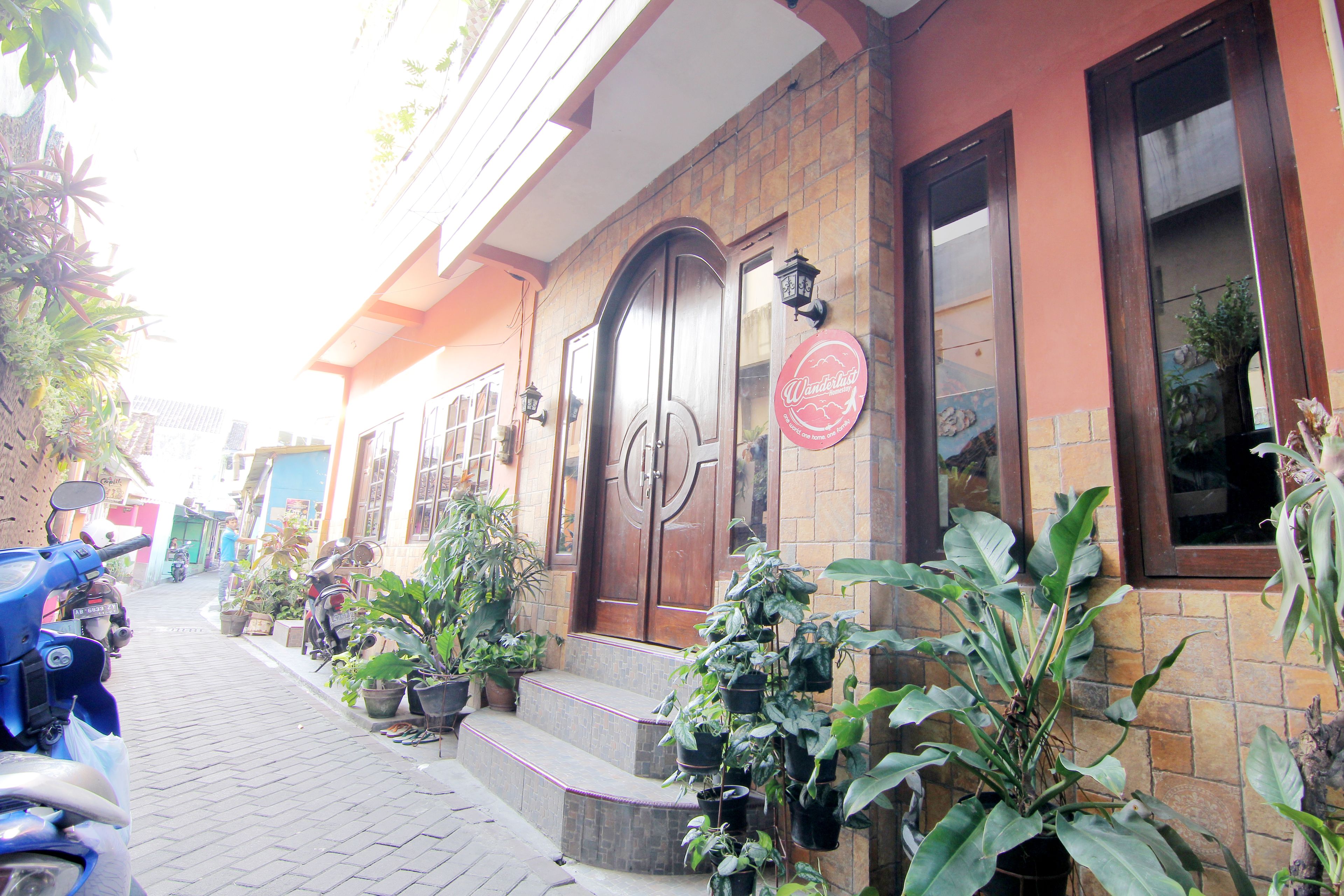 A building with a brick facade, a large wooden door, and multiple potted plants on the steps.
