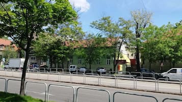 A street with a row of trees, parked cars, and buildings with red roofs.