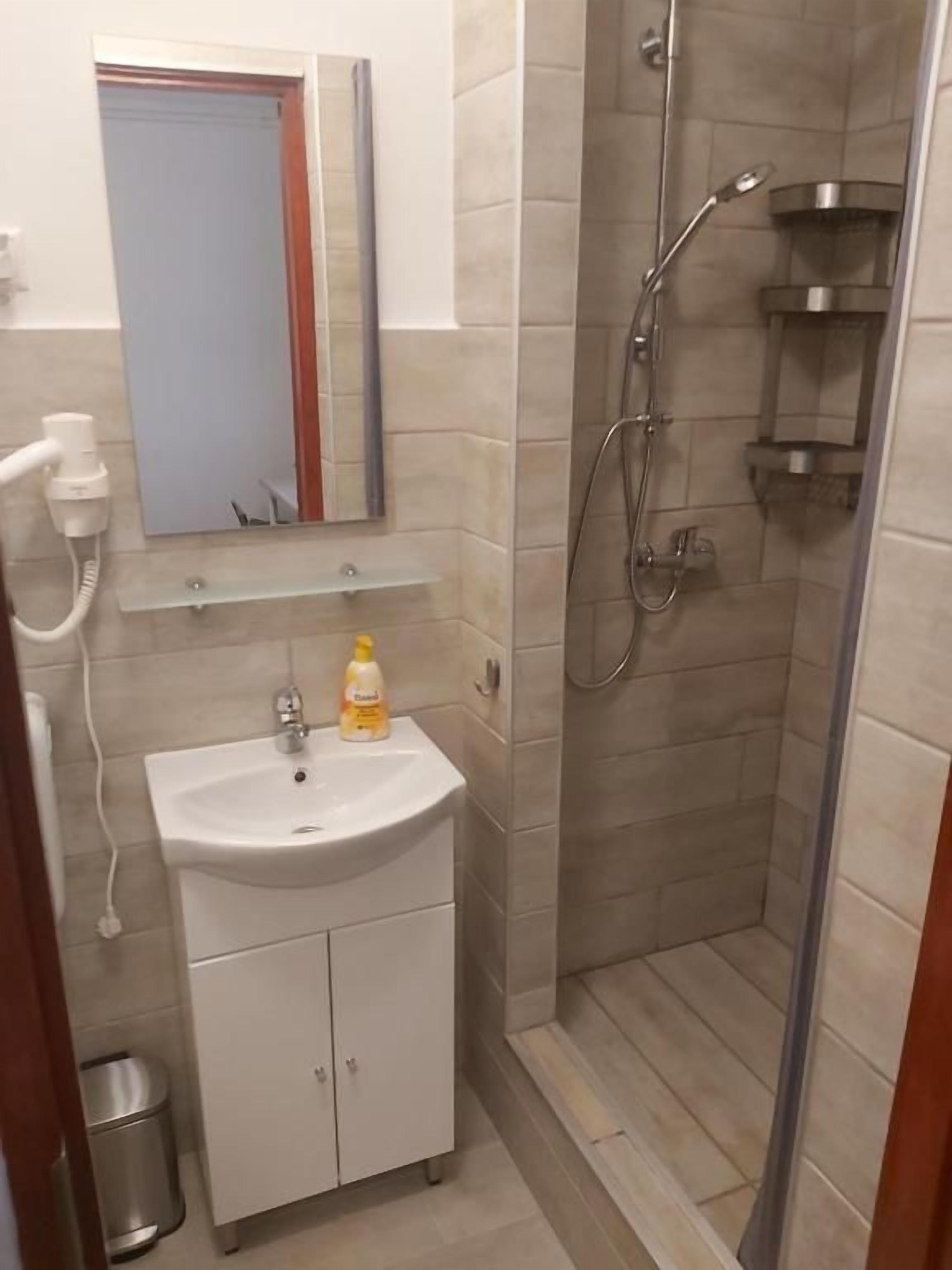 A bathroom with a white sink, mirror, and shower.