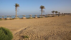 Ein Sandstrand mit Palmen und Sonnenschirmen.