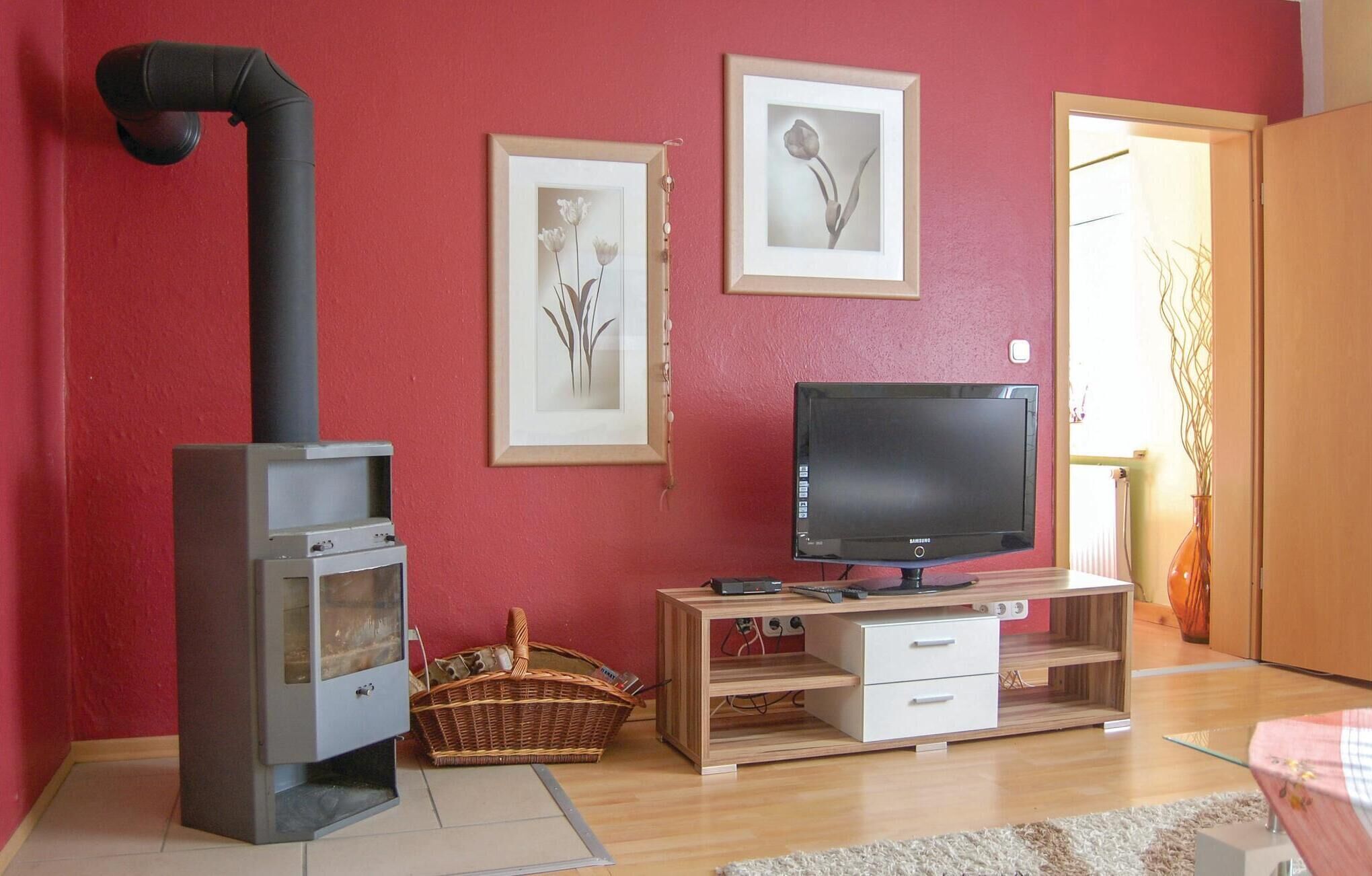 Ein Wohnzimmer mit Kaminofen, einem Flachbildfernseher auf einem Holzständer und zwei gerahmten floralen Kunstwerken an der Wand.