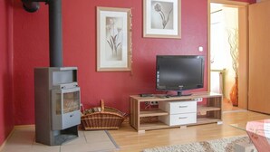 A living room with a wood-burning stove, a flat-screen TV on a wooden stand, and two framed floral artworks on the wall. - Cozy apartment in Rostock with WiFi (Rostock)