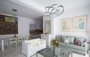 Villa, 3 Bedrooms, Private Pool (Agapi) | Living room | 50-inch Smart TV with satellite channels, TV