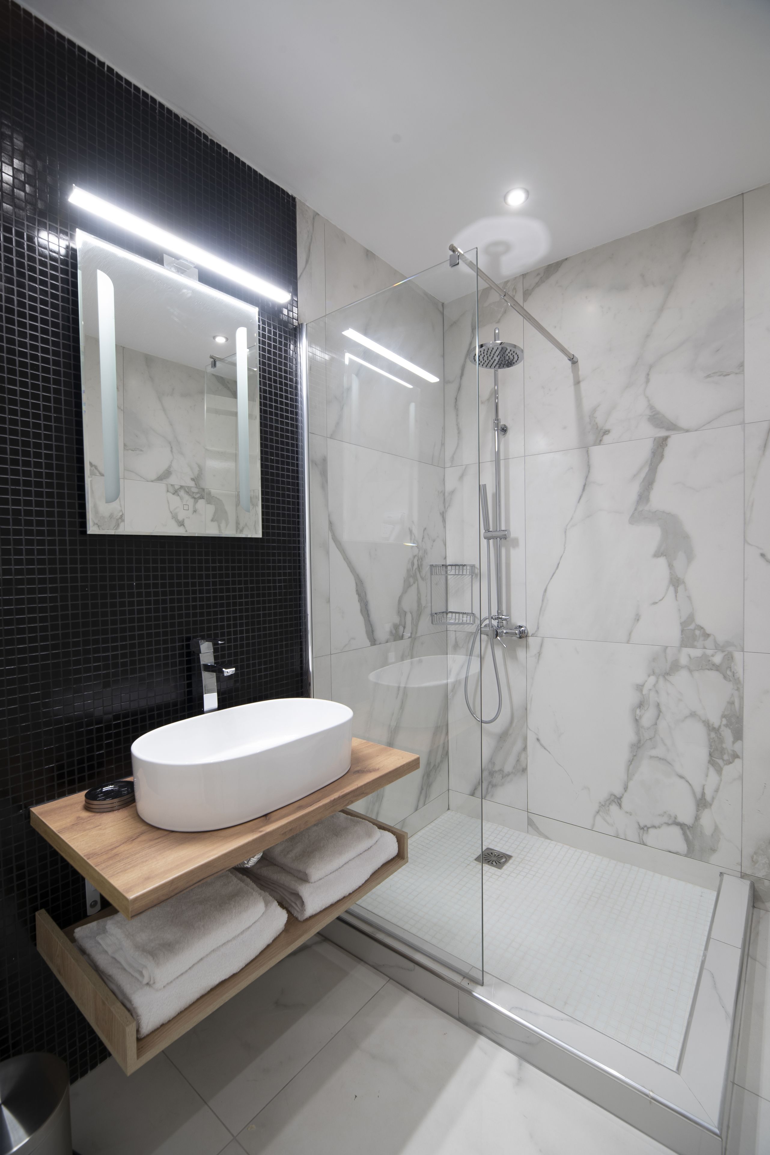 arch suite with partial acropolis view | bathroom | shower, free toiletries, hair dryer, bathrobes