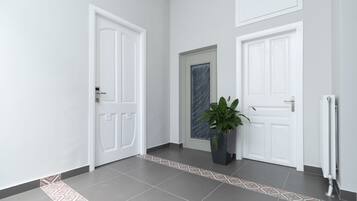 A hallway with white doors, a potted plant, and patterned floor tiles.