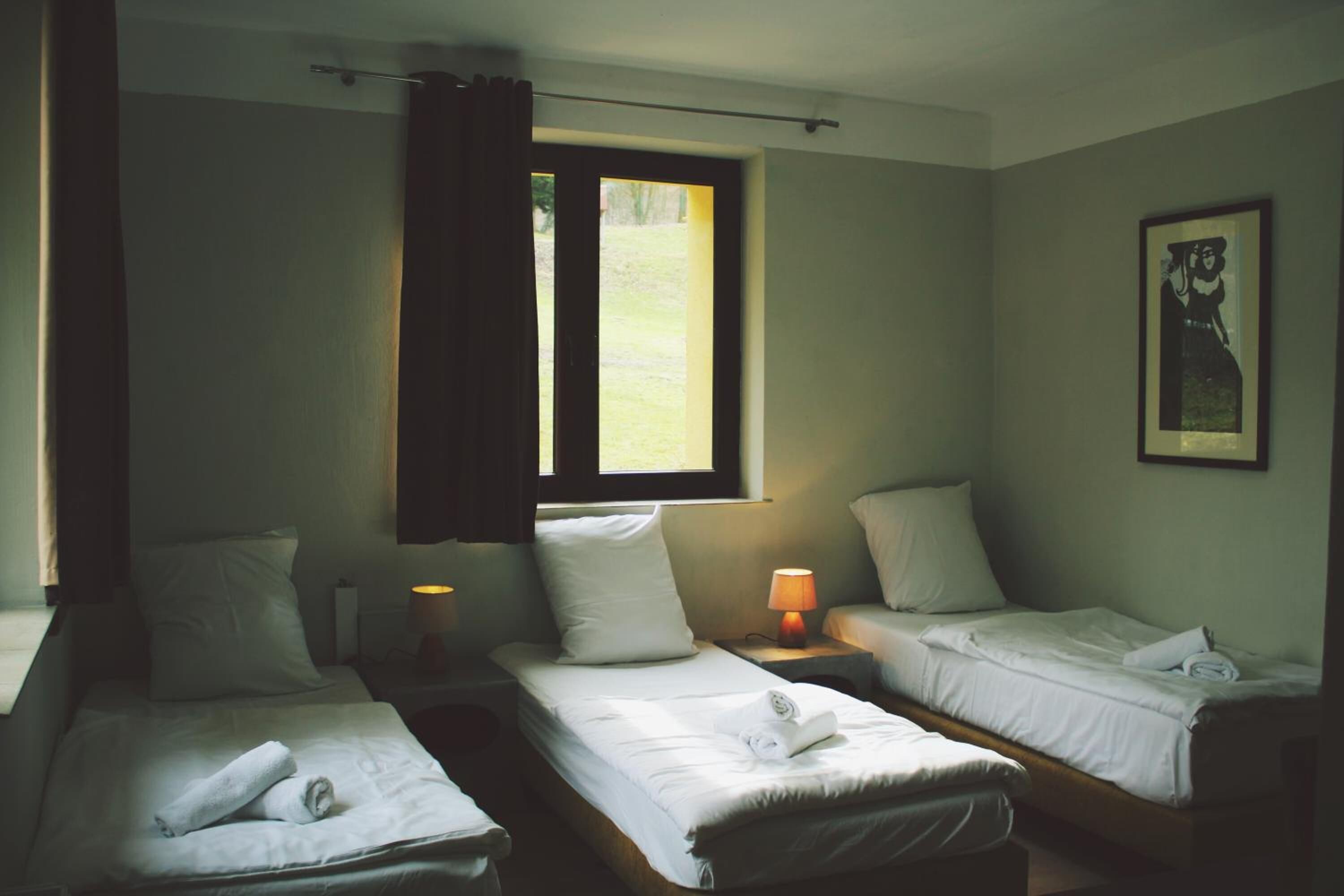 Habitació amb dos llits individuals, una finestra amb cortines, una làmpada de nit i un quadre al mur.